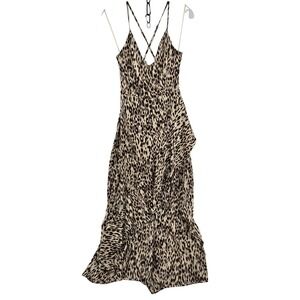 One One Six Dress Womens Small Brown Leopard Print Maxi Strappy Wrap Ruffle